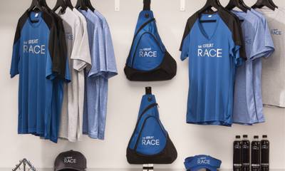 Corporate & sports apparel pictured are branded jerseys, baseball caps, tumblers & carry bags.