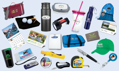 Promotional products pictured: caps, pens mugs, glasses calendars, flashlights & bags.
